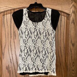 Lined Lace Sleeveless Top, Black and Cream, Women's size M